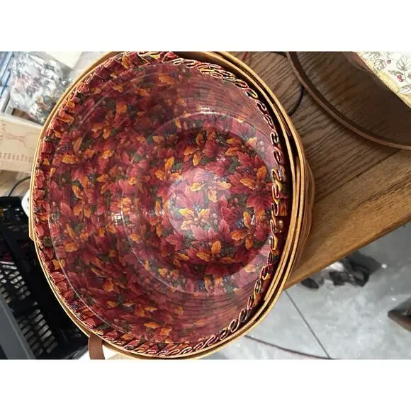 Longaberger BASKET OF PLENTY Basket , Liner & Protector‎ Fall leaves 12 ROUND